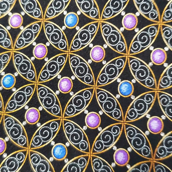 Faberge Mens Silk Neck Tie Blue and Purple Pearls with Black Filigree Print USA - Picture 3 of 8